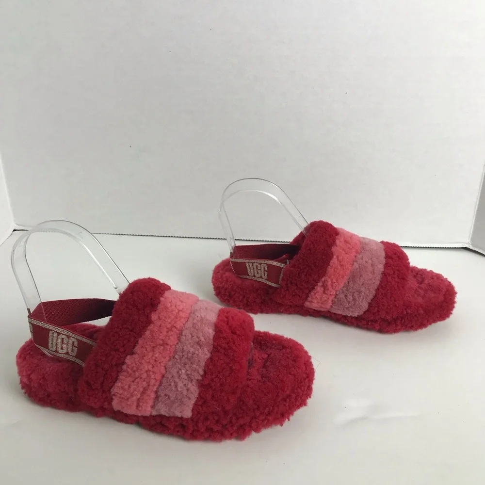 Ugg Fluff Yeah Red Pink Striped Slingback Slippers Girls Size 4 Loungewear Comfy